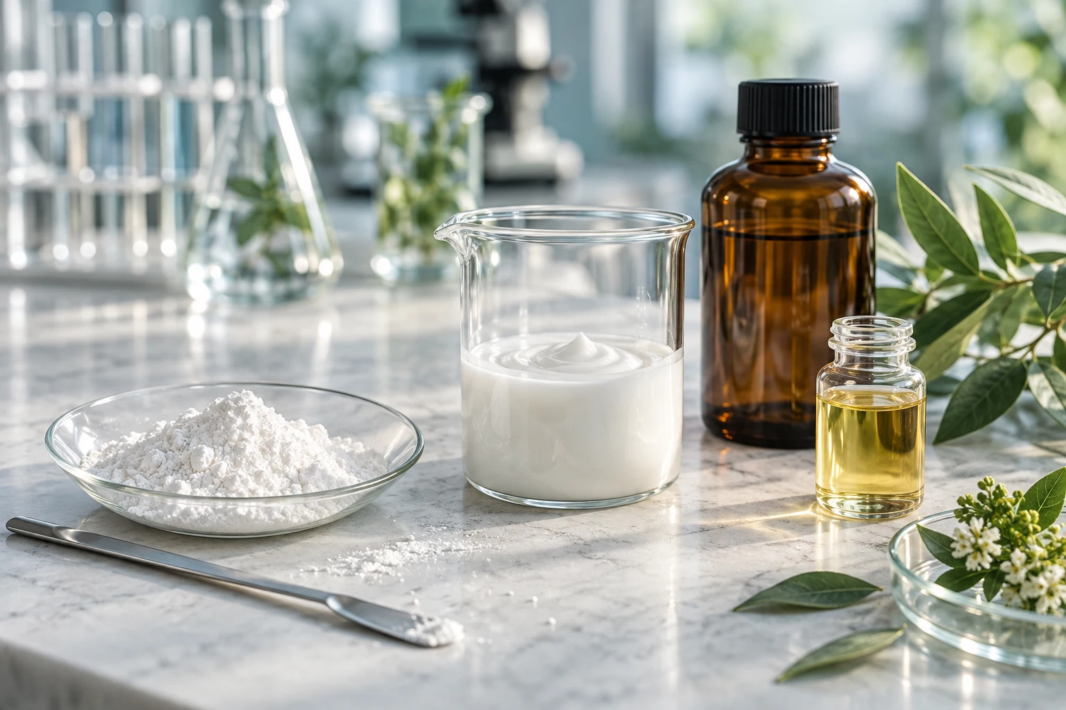 Illustrative laboratory scene with raw powder, a cream emulsion, glassware and botanical material