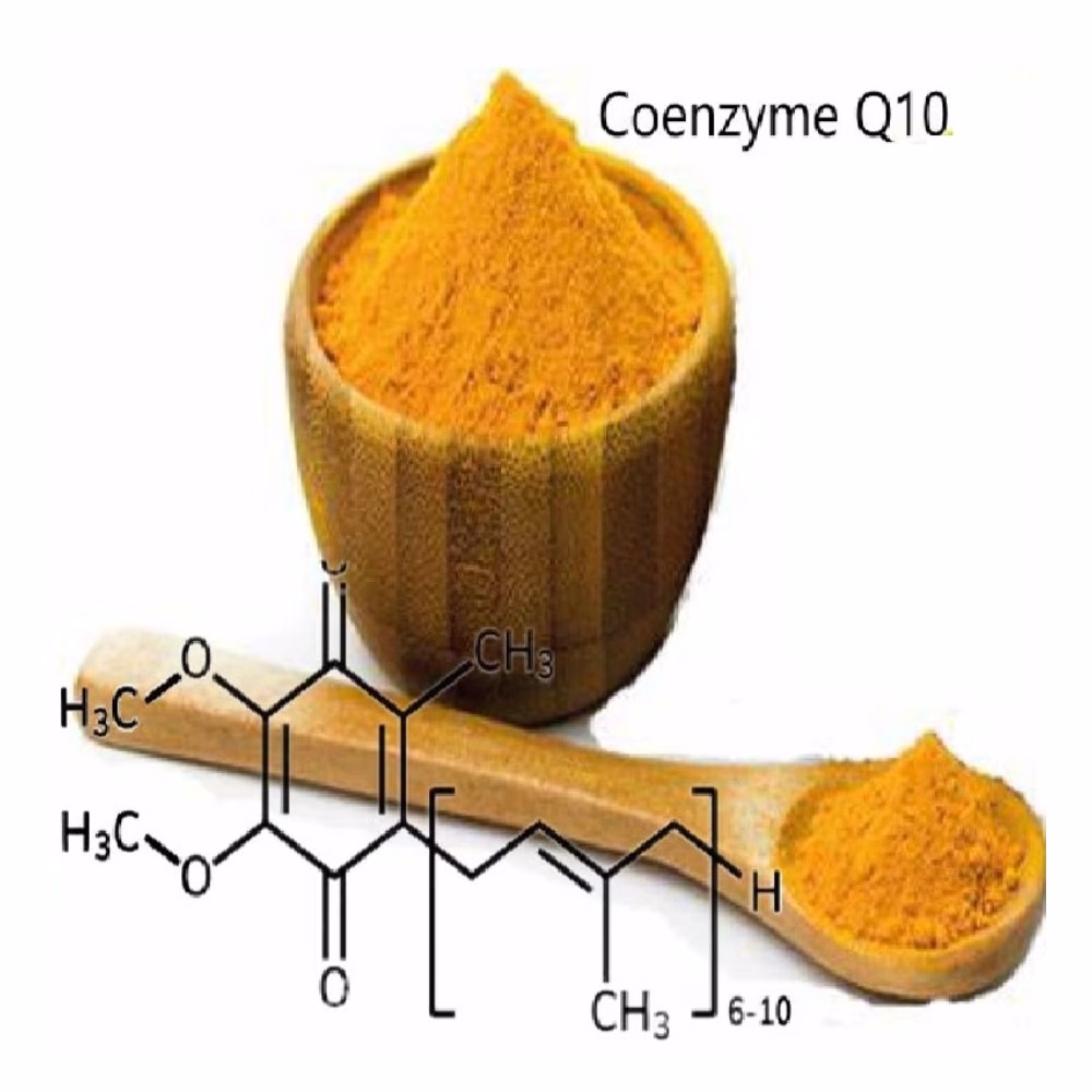 Coenzyme Q10 (ubiquinone) powder, cosmetic raw material, with chemical structure