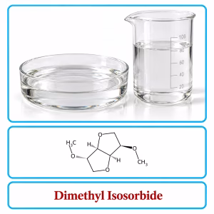 Dimethyl Isosorbide (DMI) clear colorless liquid in a glass dish and beaker, with chemical structure